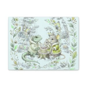 Canvas Wall Art - Whimsical Winter Mice & Lizard Tea Party (Matte Stretched)