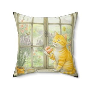 Cozy Window Cat Pillow — Ginger Kitten with Flower Garden