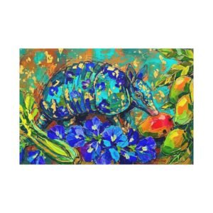 Panama Armadillo Canvas | Tropical Wildlife Art with Blue Flowers and Mangoes | Colorful Home Decor