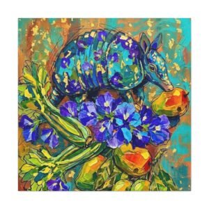 Panama Armadillo Canvas | Tropical Wildlife Art with Blue Flowers and Mangoes | Colorful Home Decor