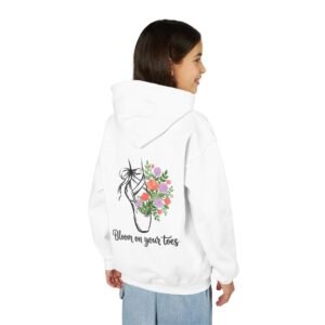 Bloom on Your Toes Youth Hoodie, Girls Ballet Pointe Shoe Flowers Hooded Sweatshirt, Pirouette Chest Design, Dancer Gift