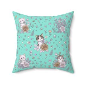 Cute Floral Kittens Square Throw Pillow — Mint Cat Pattern Decorative Cushion