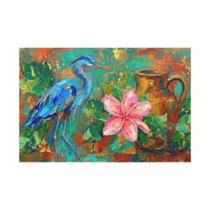 Lienzo de garza azul panameña | Arte de vida silvestre de Garza Azul con flor rosa y jarra rústica | Decoración colorida para jardín tropical