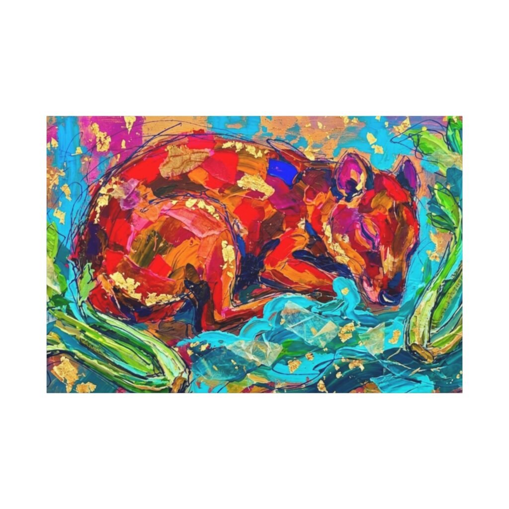 Ñeque Panama canvas: sleeping agouti in red, turquoise and gold